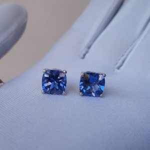 8mm Tanzanite earrings, Solitaire Earrings, Tanzanite Stud Earrings. Cushion Cut Earrings. Tanzanite Blue Studs, Victorian Earrings.