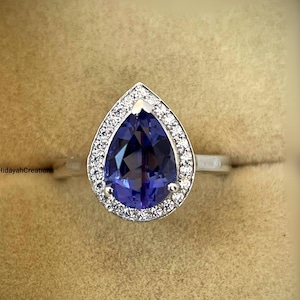 Blue Tanzanite Engagement Ring, Vintage Pear Tanzanite Ring, Antique Tanzanite Halo Ring, Tanzanite Ring Women,Estate Tanzanite Promise Ring