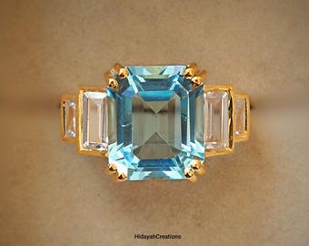 Vintage Aquamarine Engagement Ring, Emerald Cut Aquamarine 14k Gold Aquamarine Ring AAA Aquamarine Three Stone Ring, Antique Aquamarine Ring