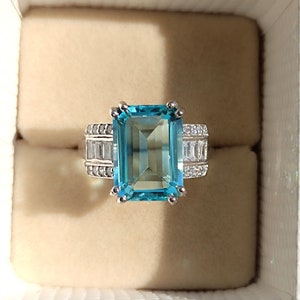 Vintage Aquamarine Engagement Ring, Aquamarine Three Stone Ring, Emerald Cut, Wedding Ring, Art Deco Ring, Statement Ring.