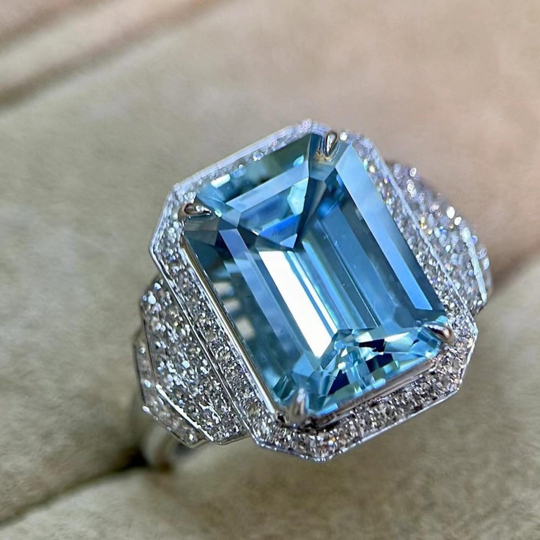 VINTAGE AQUAMARINE RING, Emerald Cut Aquamarine Engagement Ring, Art ...