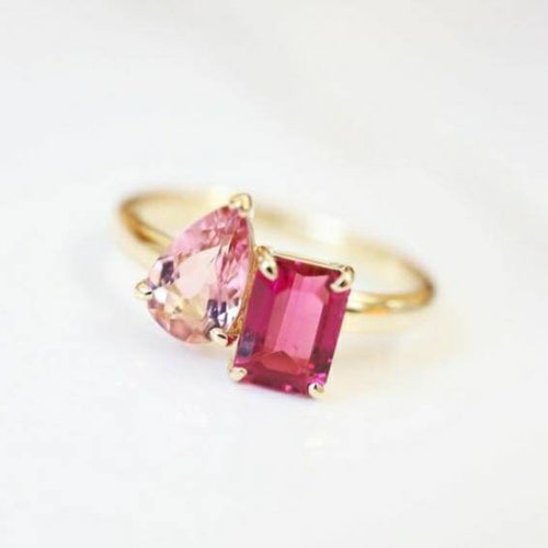 Pink Sapphire and Ruby Engagement Ring Two Stone Ring Pear Etsy