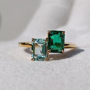 Emerald and Aquamarine Engagement Ring, GREEN  AQUAMARINE RING, Two Stone Ring, Antique Ring, Engagement Present, gift for fiancee.