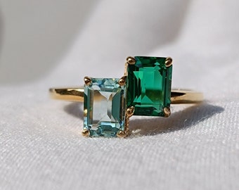 Emerald and Aquamarine Engagement Ring, GREEN  AQUAMARINE RING, Two Stone Ring, Antique Ring, Engagement Present, gift for fiancee.