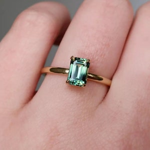 TEAL SAPPHIRE RING | Green Sapphire Engagement Ring, Emerald cut Ring, Wedding Ring in Solitaire Ring, Art Deco.