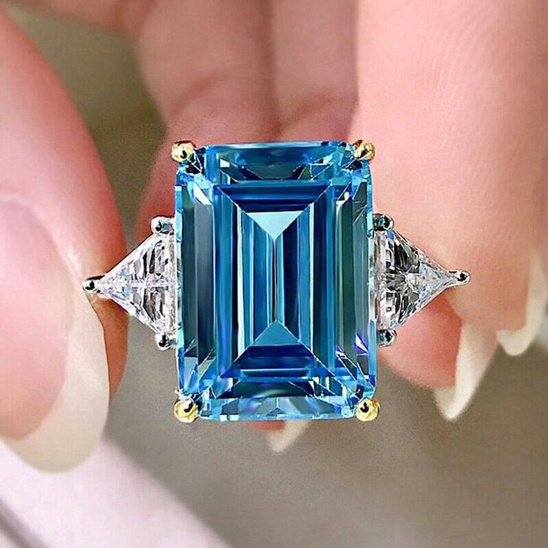 Emerald Cut Aquamarine Ring Aquamarine Engagement Ring Three - Etsy
