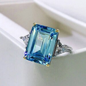 Emerald Cut Aquamarine Ring, Aquamarine Engagement Ring, Three Stone ...