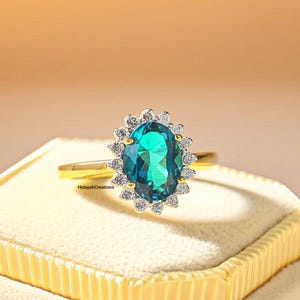 Lab Paraiba Turmalin Ring: Oval Halo, Sterling Silber oder Gold