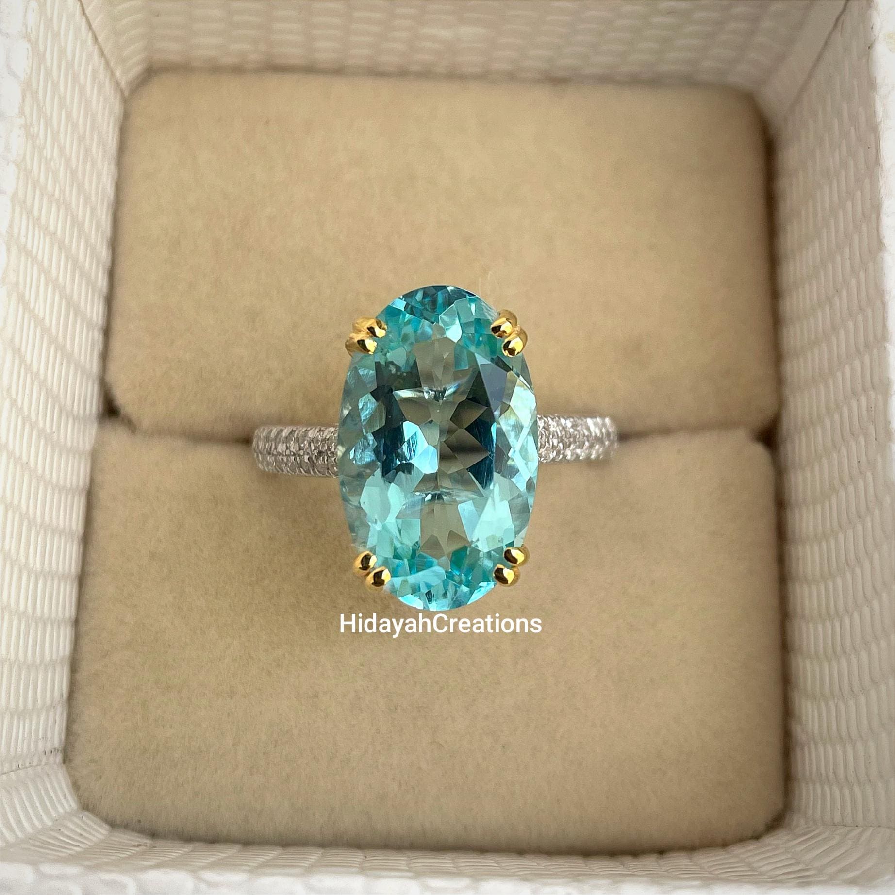 AAA Aquamarine Engagement Ring, Vintage Aquamarine Ring, 14k Gold Aquamarine Elongated Oval Ring, Antique Aquamarine Pave Ring.