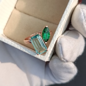 Emerald and Aquamarine Engagement Ring, Emerald Cut Ring, Two Stone Ring, Marquise cut Ring, Engagement Present, gift for fiancee.