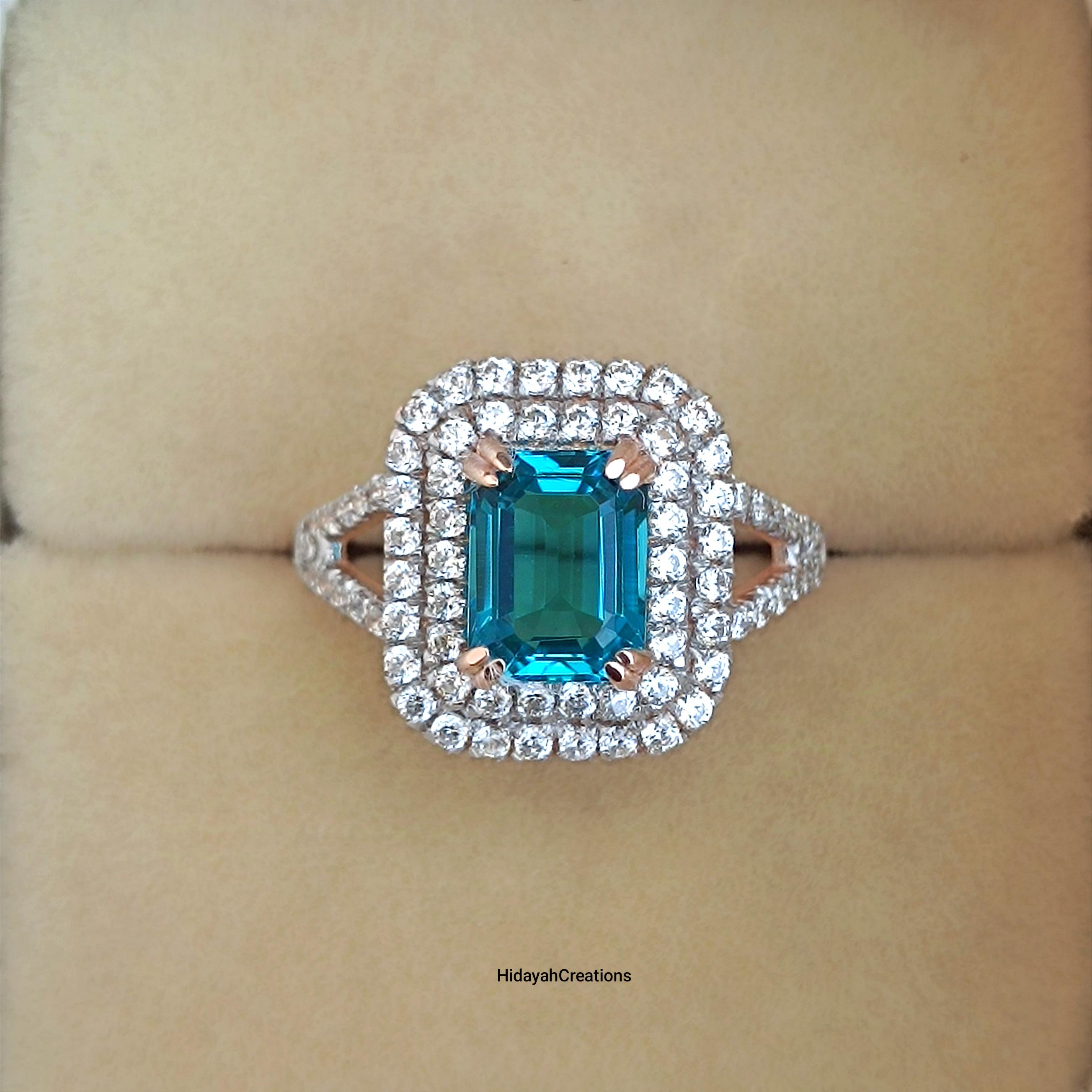 Paraiba Turmalin Smaragdschliff Ring: Sterling Silber Halo, handgefertigt