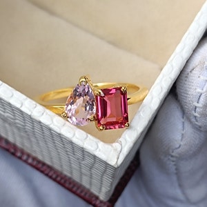 Pink Sapphire and Ruby Engagement Ring, Two Stone Ring, Pear and Emerald cut Pink Sapphire Ring, Art Deco Ring.