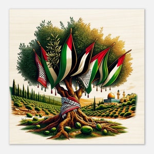 Holzdruck Olivenbaum Peace Tree - Palästinensische Kufiyah & Jerusalem Skyline