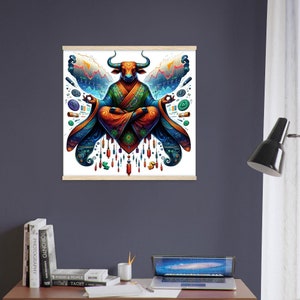 Vibrant Mystical Bull Wall Art - Stock Market Inspired Decor Semi-Glossy Paper Poster with Hanger