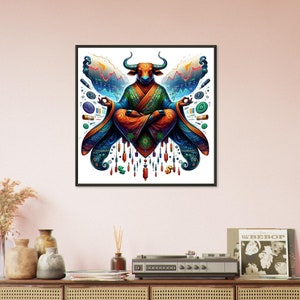 Vibrant Mystical Bull Wall Art - Stock Market Inspired Decor for Investors Metal Framed Poster