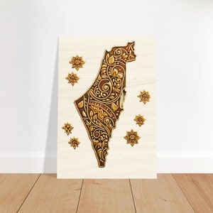 Wooden Print Golden Tatreez Pattern Palestine Map