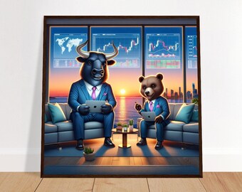 Könnte beinhalten: Gerahmter Druck mit einem Bullen und einem Bären in Anzügen, die auf einem Sofa mit Sonnenuntergang und Stadtlandschaft im Hintergrund sitzen. Der Bulle und der Bär halten Tablets, im Hintergrund sind Finanzdiagramme zu sehen.