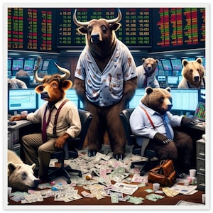 Bull and Bear Stock market art- Premium Matte Paper Wooden Framed Poster