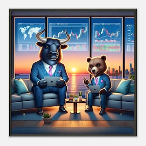 Sunset Traders - Elegant Bull & Bear Premium Metal Framed Poster