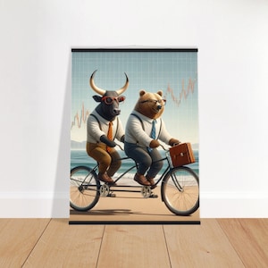 Bull & Bear Beach Ride - Stock Market Themed Premium Poster with Hanger