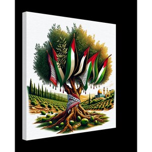Olive Friedensbaum Wandkunst - Palästinensische Kufiyah & Jerusalem Skyline Leinwand