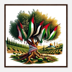 Olive Peace Tree Wandkunst - Palästinensische Kufiyah & Jerusalem Skyline Premium Poster mit Holzrahmen