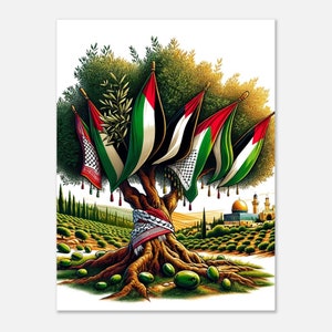 Olive Peace Tree Wandkunst - Palästinensische Kufiyah & Jerusalem Skyline Premium Mattes Papier Poster