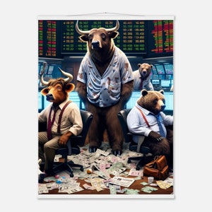 Bull and Bear themed Stock market art-  Premium Matte Paper Poster with Hanger