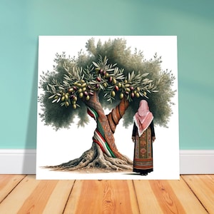 Palestine olive tree with thobed woman wall art Classic Semi-Glossy Paper Poster