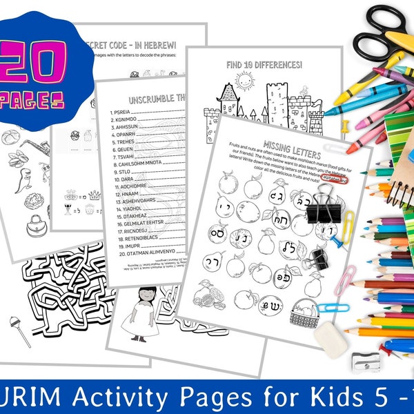PURIM Instant Download Activity Pages for Kids Ages 5-10 | 20 Sheets of Purim Quizzes Learning Fun for Jewish Children | Jewish Education