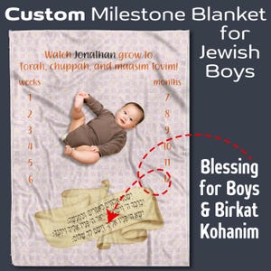 Custom Jewish Baby Milestone Blanket for Jewish Boy Hebrew Blessing for Children Priestly Blessing Gift for Jewish Newborn Brit Milah Gift