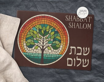 Shabbat Challah Cutting Board, Tree of Life Mosaic Print on Glass, Hebrew Shabbat Shalom Cutting Board, Etz Chayim, Gift for Jewish Couple,