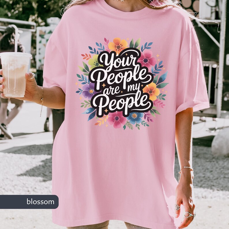 Jewish Comfort Colors T-shirt with Book of Ruth Bible Quote Your People are my People in handwritten cursive over watercolor flowers under it the text is white with black shadowing. Megillat Rut verse for Shavuot Ruth and Naomi famous quote inspiring Jewish t-shirt Biblical women gift for Jewish woman gift for Jewish man convert to Judaism Jews by choice conversion gift