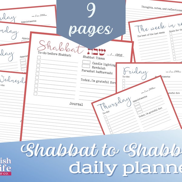 Printable Shabbat to Shabbat Daily Planner and Gratitude (Hakarat haTov) Journal - Organize Your Life, Prepare for Shabbat, and Reflect!