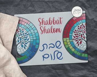 Shabbat Challah Cutting Board, Colorful Tree of Life Stained Glass Print on Glass, Hebrew Shabbat Shalom, Colorful Challah Board, Etz Chayim