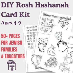 Może przedstawiać: Zestaw kart DIY Rosh Hashanah dla dzieci w wieku 4-9 lat. Zestaw zawiera ponad 50 stron dla rodzin żydowskich i nauczycieli. Obraz przedstawia kolorowanki z ilustracjami jabłek, granatów, miodu i tekstu w języku hebrajskim.