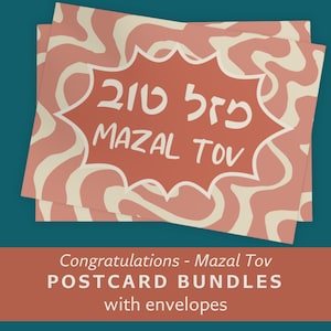 Postales hebreas de Mazal Tov Felicitaciones Tarjetas divertidas de color naranja y rosa Papelería judía Paquetes de postales para niños judíos Sobres Tarjetas de Mazel Tov