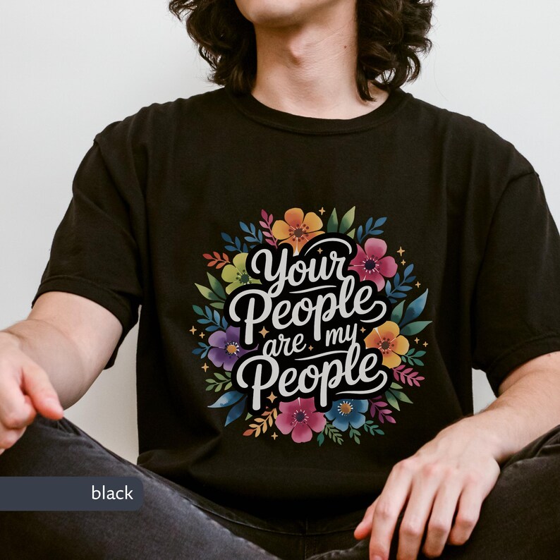 Jewish Comfort Colors T-shirt with Book of Ruth Bible Quote Your People are my People in handwritten cursive over watercolor flowers under it the text is white with black shadowing. Megillat Rut verse for Shavuot Ruth and Naomi famous quote inspiring Jewish t-shirt Biblical women gift for Jewish woman gift for Jewish man convert to Judaism Jews by choice conversion gift