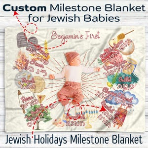 Manta personalizada conmemorativa para bebés judíos Primeras fiestas hebreas para bebés Regalo para nuevos padres judíos recién nacidos Fotos de hitos judíos Judaica personalizada