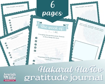 Puede incluir: Un diario de gratitud azul verdoso y blanco con el título "Hakarat HaTov gratitude journal" y el texto "6 páginas" en un círculo azul verdoso. El diario tiene un diseño semanal con indicaciones para reflexionar sobre los eventos de la semana y expresar gratitud.