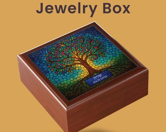 Personalized Tree of Life Jewelry Box – Faux Stained Glass, Bat Mitzvah Gift