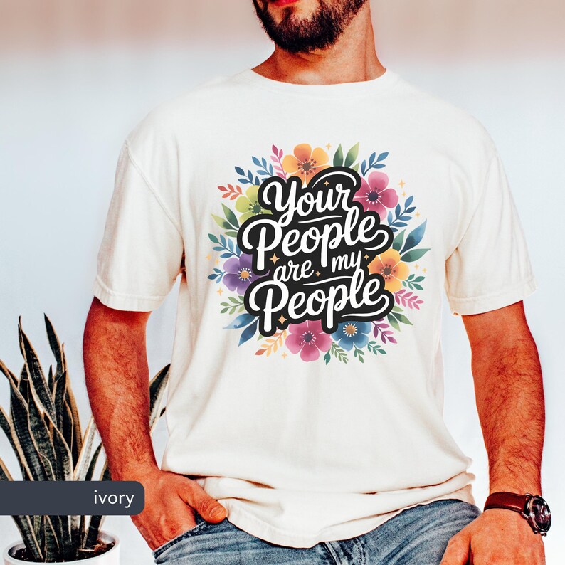 Jewish Comfort Colors T-shirt with Book of Ruth Bible Quote Your People are my People in handwritten cursive over watercolor flowers under it the text is white with black shadowing. Megillat Rut verse for Shavuot Ruth and Naomi famous quote inspiring Jewish t-shirt Biblical women gift for Jewish woman gift for Jewish man convert to Judaism Jews by choice conversion gift