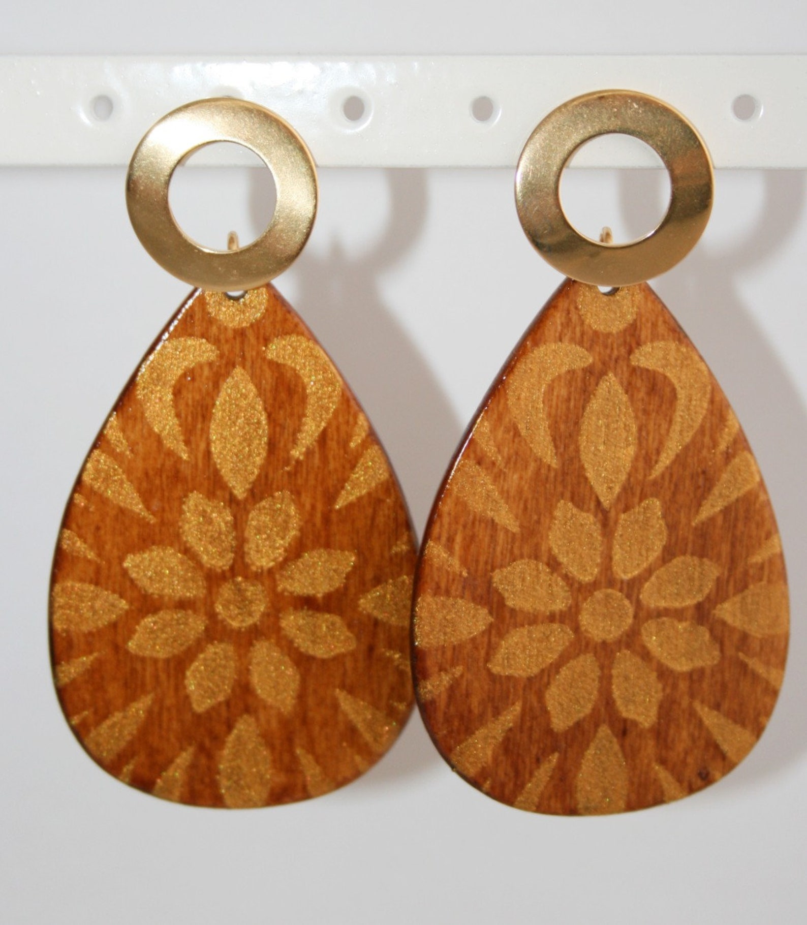 Earrings Handmade Wooden Jewelry Stencil Gold Painted Etsy UK