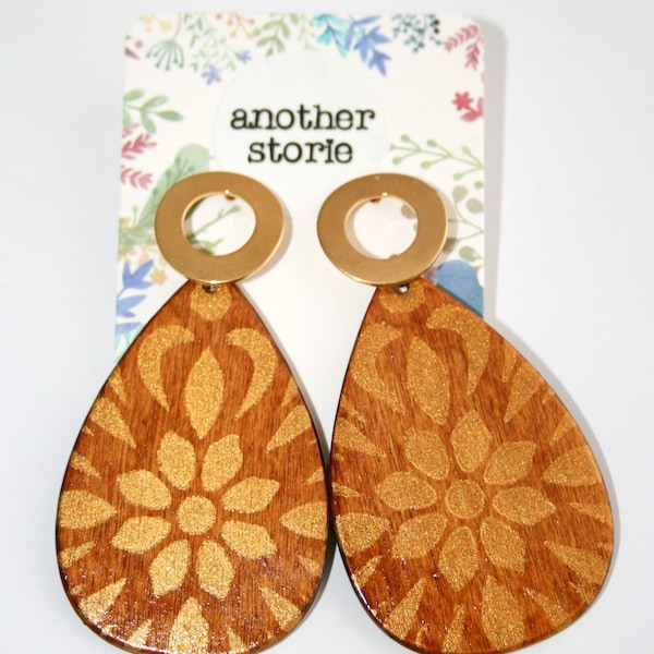 Earrings Handmade Wooden Jewelry Stencil Gold Painted | Stainless Steel Studs | Made UK | KERALA