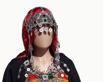 Handmade Berber Kaftan Dress Set with Jewelry, Headscarf & Cape