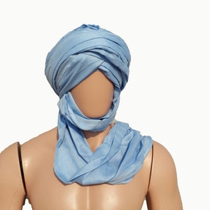 Genuine Handmade Lite Blue Tuareg Scarf, Long Moroccan Berber Turban, Tribal scarf