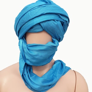 Genuine Handmade Sky Blue Tuareg Scarf, Long Moroccan Berber Turban, African head wrap