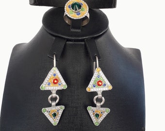 Handgefertigtes Berber Silber Schmuck Set – Tuareg Ring & Ohrringe mit Emaille Inlay