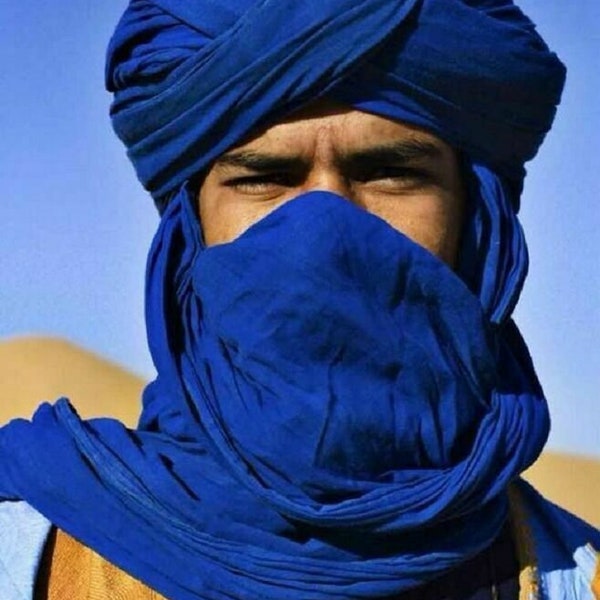 Véritable écharpe touareg bleue, Tagelmust touareg, foulard berbère marocain, écharpe tribale ethnique, turban berbère, écharpe berbère, enveloppement de tête marocain