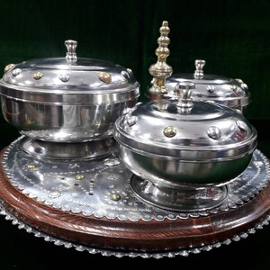 Elegantly Handcrafted Tuareg Wood Tray with Engraved Aluminum and Copper-Adorned Sugar Bowls